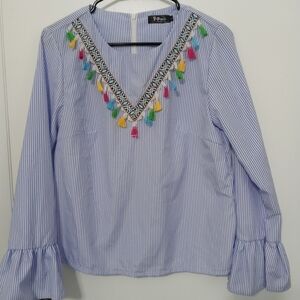 Popreal Striped and Tassled Back zip Blouse